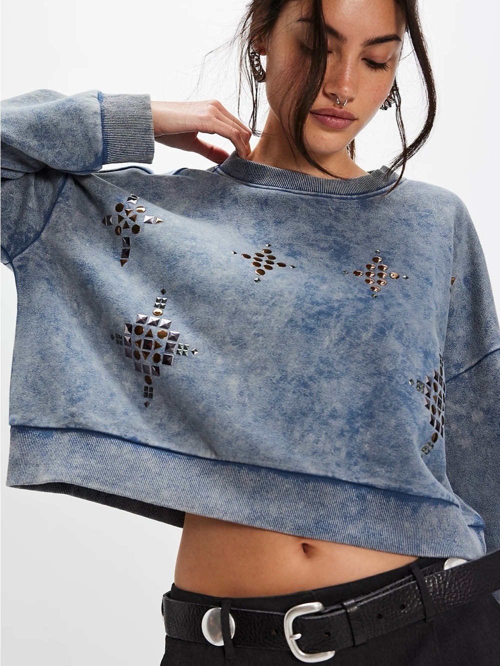 One Teaspoon Fleece Cropped Star Studded Sweatshirt Sz Medium